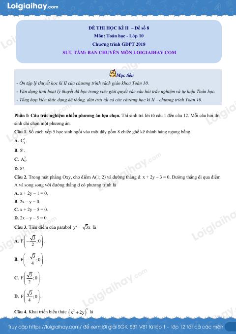 Đề thi học kì 2 Toán 10 - Đề số 8